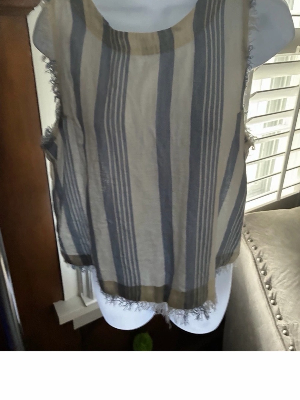 Altar'd State Beige and Blue Striped Sleeveless Fringe Top